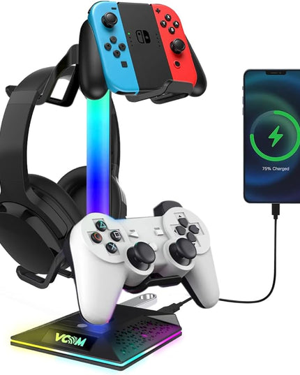 RGB Gaming Headphones Stand with 2 USB Ports Headset Stand with 10 Light Modes and Non-Slip Rubber, Suitable for All Earphone Accessories, Best Gift for Husband, Kids, Boyfriend