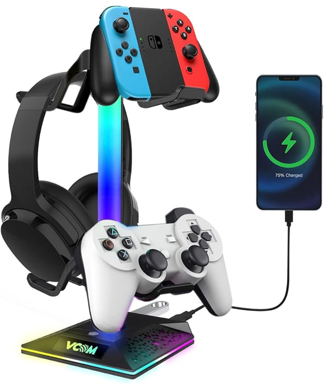 RGB Gaming Headphones Stand with 2 USB Ports Headset Stand with 10 Light Modes and Non-Slip Rubber, Suitable for All Earphone Accessories, Best Gift for Husband, Kids, Boyfriend