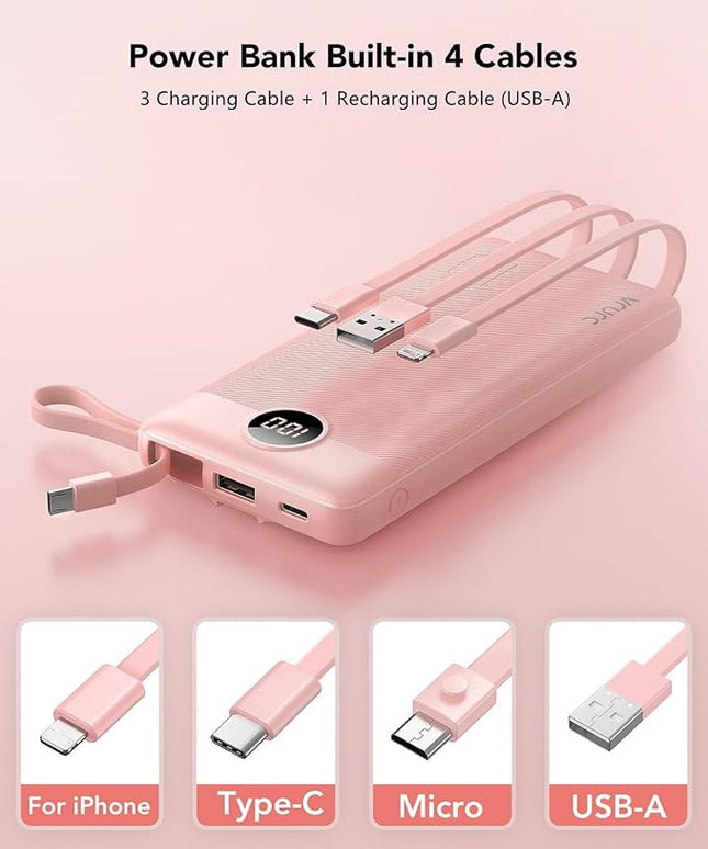 VRURC Portable Charger Power Bank, 10000mAh Travel Essentials Battery Pack, 5 Outputs 2 Inputs Slim Charging Bank Built-in Cables Cords Wires Compatible with iPhone,Samsung,Android-Pink(1 Pack)