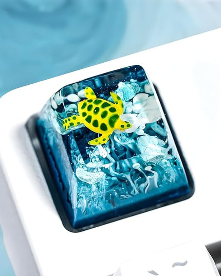 Sea Turtle Artisan Keycap Light Blue Ocean R1 SA Profile Custom Sea Creatures Keycaps 1U ESC Handmade Gaming Resin Key Cap Cherry MX Switch Compatible Mechanical Keyboard Turtle Lover Gift