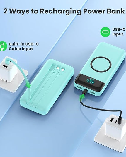 Wireless Portable Charger 40800mAh with 3 Built-in Cables,7-in-1 15W Wireless Charging Power Bank,25W PD QC 4.0 Fast Charging USB C LCD Display Battery Pack for iPhone 16/15/13,Samsung,Android-Green