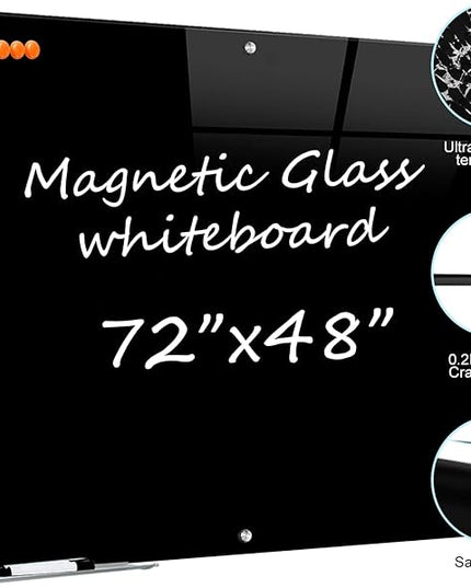 Black Glass Dry Erase Board - 72"X48" Magnetic Blackboard Large Frameless Whiteboard Clear Glass Wlack Boards with Super Strong Magnets, Wall Mounted for Office, School and Home