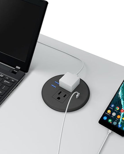 Desktop Power Grommet,PD20W Fast Charging USB-C.3 inch Flush-Mount Desk Outlet,Round Recessed Power Strip,3 USB Ports,2 AC Outlets,ETL Listed,6.5-FT Cable,Black