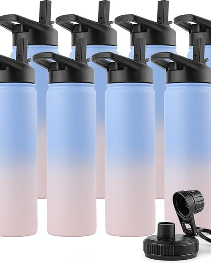 DOMICARE Insulated Water Bottle, 22 oz Vacuum Insulated Stainless Steel Reusable Sports Bottle with Straw Lid & Spout Lid for Travel, Camping, Bike, Leakproof, Blue/Pink, 8 Pack