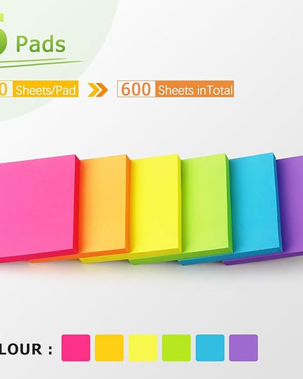 Winner Aura 3x3 Inch Bright Colors Self-Stick Sticky Notes, 6 Pack, 100 Sheets per Pad, Total 600 Sheets