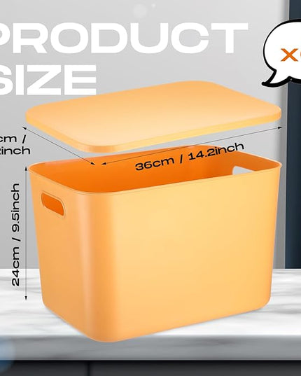 Hoolerry 8 Pieces Colorful Storage Bins with Lid, Plastic Storage Basket Organizing Container Stackable Box with Handle for Shelves Desktop Playroom Office(14.2 x 10.2 x 9.5 Inch,Yellow)