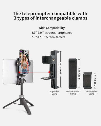 Large Screen Teleprompter Holder for Tablet/Phone with Extendable Tripod, Dual-Clamp Design with Interchangeable 3 Sizes of Clamps. Perfect for Live Streaming/Recording/Video Conference