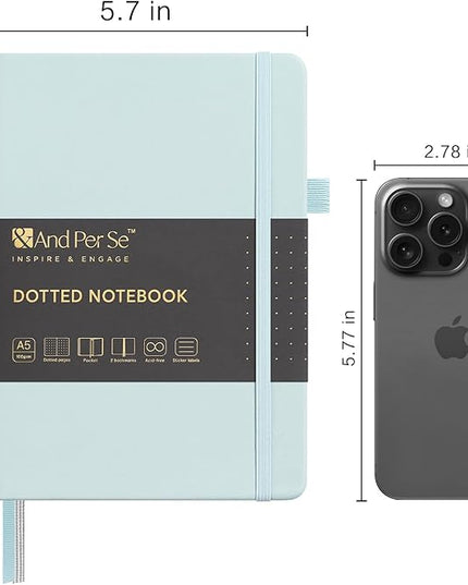 &And Per Se Dotted Journal Notebook, A5 Hardcover Leather Bullet Dotted Journal, 160 Pages 100 gsm Thick Paper, 3 Sheets of Stickers Included- 5.7'' x 8''（Cyan）