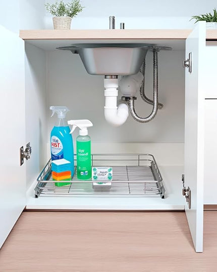 JOWBOOW Sliding Cabinet Organizer Pull Out Shelves (11" W x 21" D), Heavy-Duty Slide Out Shelf, Steel Metal Cabinet Roll Out Shelves for Kitchen Bathroom, Chrome