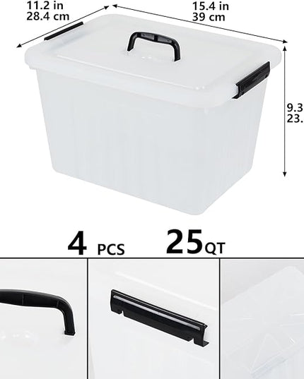 Zopnny 25 Quart Clear Storage Bin with Handle, Plastic Storage Latch Box with Lid, 4 Pack