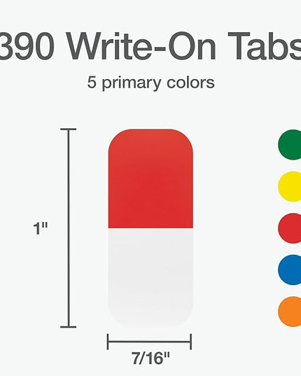 Redi-Tag Write-On Tabs, Permanent Adhesive Index Tabs, Assorted Primary Colors: Yellow, Orange, Red, Blue and Green, 1" x 7/16", 390 Pack (1009303)