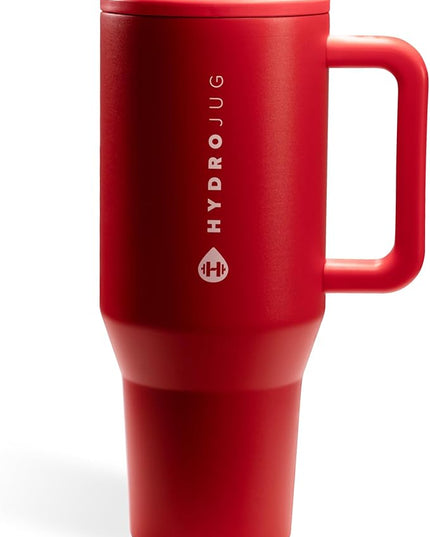 HydroJug Traveler - 40 oz Water Bottle with Handle & Flip Straw - Fits in Cup Holder, Leak Resistant Tumbler-Reusable Insulated Stainless Steel & Rubber Base - Gifts for Women & Men, Alumni Red