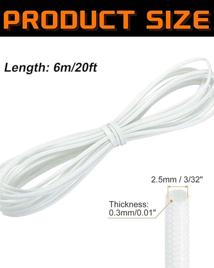 MECCANIXITY 20ft Braided Cable Sleeve, 3/32" ID 200C High Temperature 1500V Fiberglass Wire Insulation Cord Protector Organizer Wires Management for Motor Engine Fuel Line, White