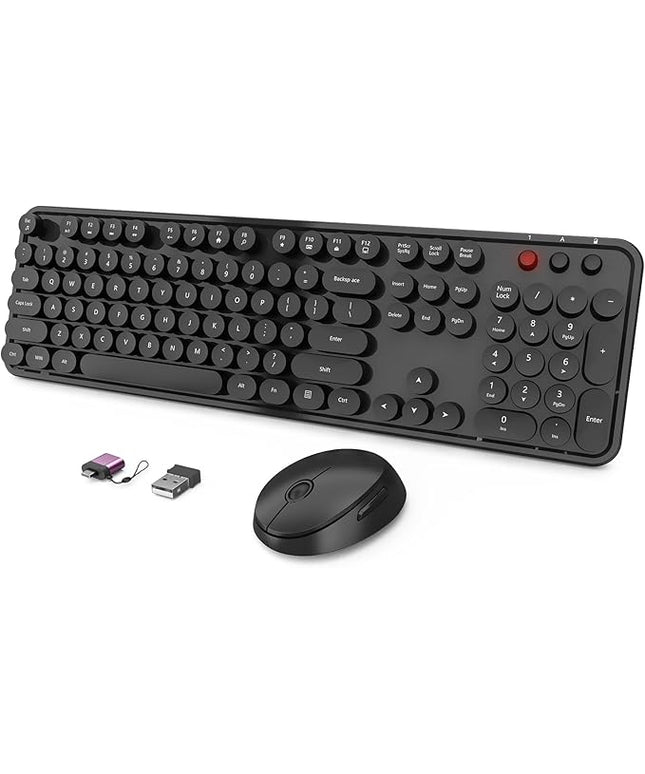 Wireless Keyboard and Mouse Combo, Ergonomic Full Size Typewriter Retro Round Keycaps Keyboard, Compatible with Windows, PC, Perfer for Home and Office Keyboards (Black