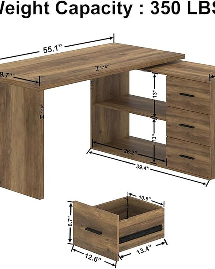 HSH 360 Rotating L Shaped Desk with Drawers, L Shape Computer Desk with Storage Cabinet Shelves, Rustic Home Office Desk for Executive Writing Study Work, Wood Table Swivel Desk, Rustic Oak, 55 Inch