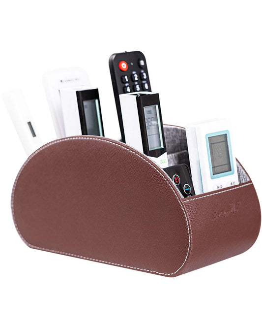 Remote Control Holders Organizer Box with 5 Compartment PU Leather Multi-functional Office Desk Storage Caddy Store Tv Remote for Media Player,Brush,Pencil,Glassees&Office Supplies (Dark Brown)
