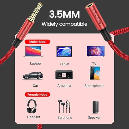 MOSWAG 10FT/3Meter 3.5mm Extension Cable Audio Male to Female Stereo Extension Adapter Nylon Braided Cord Compatible for Home/Car Stereos Smartphones Headphones Tablets Media Players and More