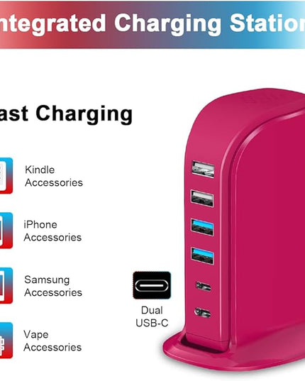 USB Charging Station Multiports Upoy, Charging Hub 6 Ports Dual Type-C, USB Tower Fast Charging for Tablets, Cellphones, Smart Watch, and More Electronic Gadgets, Portable Design, Travel Essentials