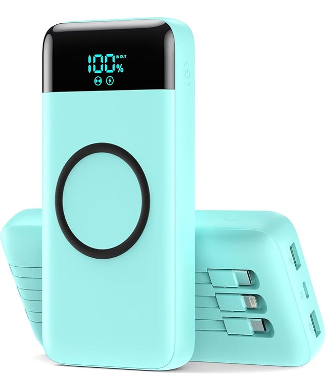 Wireless Portable Charger 40800mAh with 3 Built-in Cables,7-in-1 15W Wireless Charging Power Bank,25W PD QC 4.0 Fast Charging USB C LCD Display Battery Pack for iPhone 16/15/13,Samsung,Android-Green