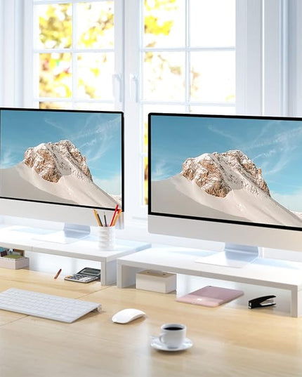 TEAMIX 2 Pack White Monitor Stand Riser - 20 inch, Wooden Desktop Stand for PC/TV/Laptop/Printer, Monitor Riser with Storage, Computer Stand with Keyboard Organizer