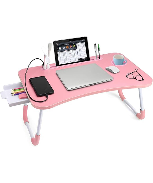 Slendor Lap Desk with Tablet Slot, Foldable Laptop Table with Storage Drawer for Bed，Portable Bed Desk for Laptop, Computer Tray with Cup Holder Notebook Stand Reading Holder for Couch Floor, Pink