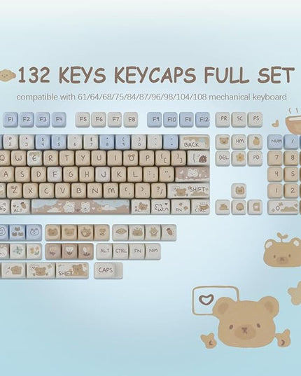 Sunzit MOA Keycaps,132 Keys Milk Tea Bear Custom PBT Keycaps, Dye-Sublimation Key caps Keyboard Keycap Set for MX Switches Mechanical Keyboard