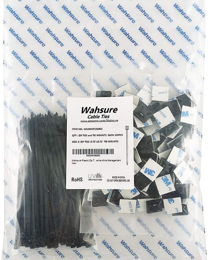Strong Self Adhesive Wire Clips Cable Zip Tie Mounts 3/4" with 6 Inch Zipties Black UV Protection Outdoor 100 Pcs,Sticky Wire Fasteners Cable Guide Management Mounting Suqare Holder Anchor Base Small