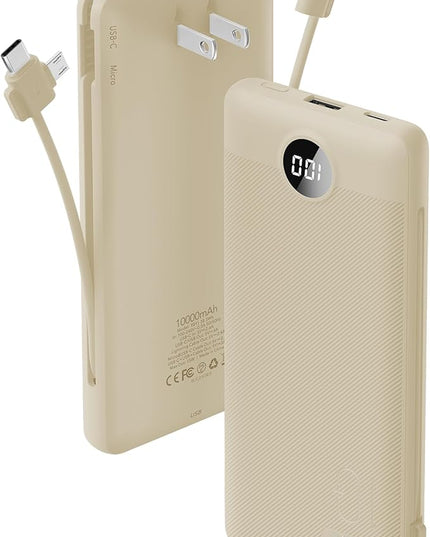 Portable Charger Built-in Cables and AC Wall Plug, USB C Power Bank 10000mAh, Travel Battery Portable Phone Charger Compact Lightweight External Battery Pack for Smart Phones, Tablets etc-Light Coffee