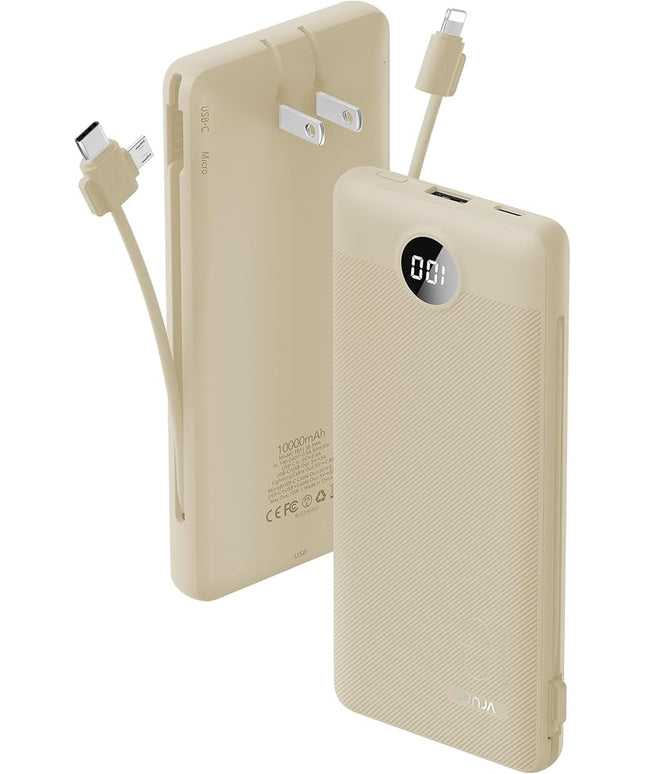 Portable Charger Built-in Cables and AC Wall Plug, USB C Power Bank 10000mAh, Travel Battery Portable Phone Charger Compact Lightweight External Battery Pack for Smart Phones, Tablets etc-Light Coffee