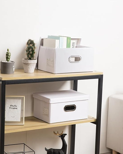 PRANDOM Collapsible Storage Box with Lid [3-Pack] Leather Fabric Foldable Storage Bin Organizer Container Basket Cube with Cover for Home Bedroom Closet Office Nursery White(13.6x9.6x6.9)