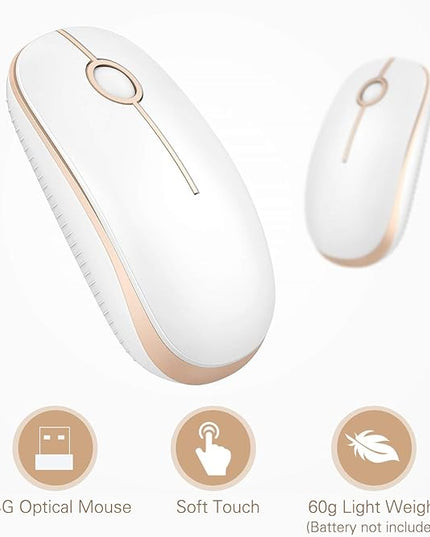 VssoPlor Wireless Mouse, 2.4G Slim Portable Computer Laptop Mouse with Nano Receiver Quiet Silent Optical Mice for Notebook, PC, Laptop, Computer-White and Gold