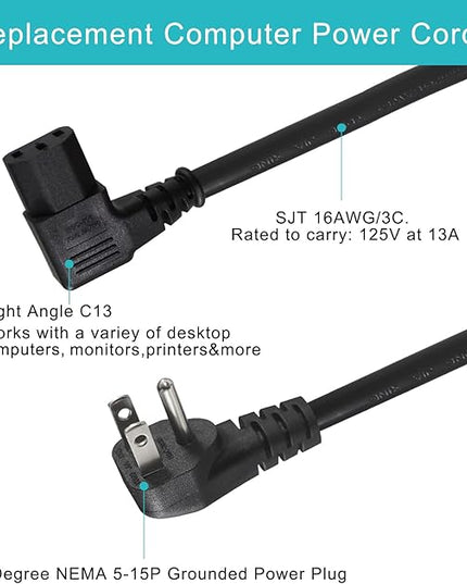 90 Degree Computer Power Cord Right Angle - 1FT Flat Plug NEMA 5-15 Plug to IEC C13 Power Cord,Universal PC Power Supply Cord 16AWG, Black C13 3 Prong Angled AC Power Cord for PC Monitor/TV(1FT)