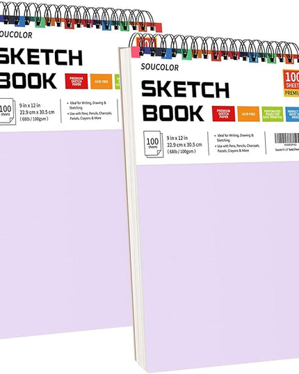 Soucolor 9" x 12" Sketch Book, Christmas Gifts for Women, Birthday Gifts for Women, Thank You Gifts, Stocking Stuffers, 2 Packs 100-Sheets Each (68lb/100gsm) Drawing Pad for Teens Girls