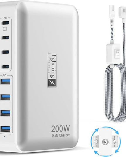 200W Charging Station for Multiple Devices, 8-Port USB C Charger Block Fast Charging, 65W Type C GaN Power Adapter for Cellphones, Tablets, Laptops, Multi Chargers USB Hub Flat Plug
