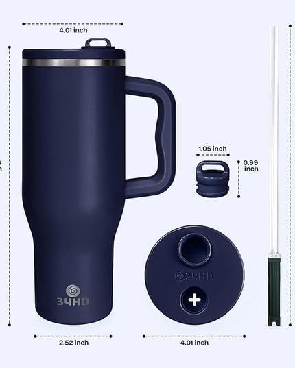 34HD 40 oz Stainless Steel Tumbler - Leakproof Insulated Water Bottle with Handle, Magnetic Lid and Flexible Straw - Iced for 48 Hours – Perfect for Men, Women, Birthday Gift, Navy - Deep Sea Blue