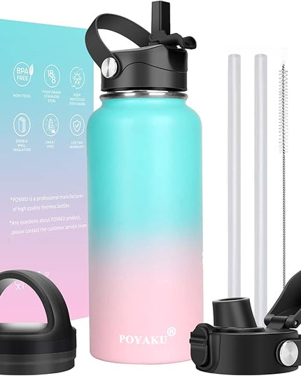Water Bottle Insulated 32oz 40oz 64oz 128oz Straw Lid Spout Lid & 3 Lids, Leak Proof, Vacuum Insulated,Stainless Steel Water Bottle Wide Mouth for Sports, Gym or Office