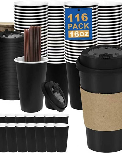 16 oz Coffee Cups + 16 Extra Cups Bulk Disposable To-Go Paper Cups with Lids and Sleeves for Hot Beverage, Chocolate, Cocoa, Office Supplies, Coffee Bar Accessories (100 Pack + 16 Extra Cups, Black)