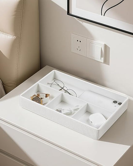 NICLNGSH PU Leather Valet Tray, Decorative Trinket Vanity Desk Drawer Organizer Tray, Perfume Dish Catch All Bowl for Keys, Nightstand Drawer Organizer Women Men with 4 Compartments (Cream-White)