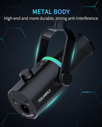 FEELWORLD PM1 XLR USB Dynamic Microphone with Desktop Stand Gifts for Podcast Recording PC Computer Gaming Live Streaming Vocal Voice-Over, Studio Metal Mic, RGB Light, Mute Button, Headphones Jack