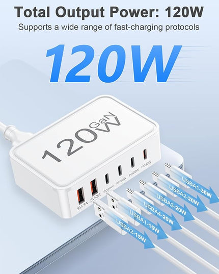 Otovoda 120W USB C Charger Block, 6 Port USB Charging Station for Multiple Devices, 5FT Desktop Multi Charging Hub Compatible with iPhone Samsung ipad, for Travel Home Office