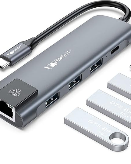 VEMONT 5 in1 USB C hub, Type-c multiport Adapter with Gigabit Ethernet, 3 USB 3.0 hub for Data, 100W Power Delivery, USB hub for Laptop MacBook or ipad, and Other USB C Devices