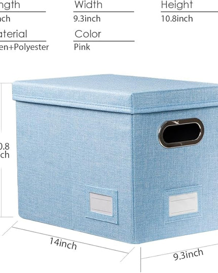 PRANDOM File Organizer Box - Set of 4 Collapsible Decorative Linen Filing Storage Hanging File Folders with Lids Office Cabinet Letter Size Blue (14x9.3x10.8 inch)