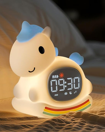 Alarm Clock for Kids with Night Light, Sleep Training Clock Time to Wake Clock, Rechargeable Silicone Light for Bedroom, Perfect Sleep Companion for Boys Girls, Blue Pony
