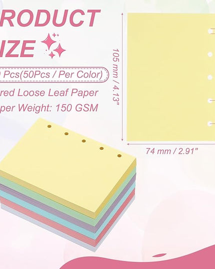 PATIKIL Colored Loose Leaf Paper, 4.1" x 3"(A8) 300 Sheets 5 Holes Punched 150GSM Blank Binder Refill Paper Supplies for Office Note Taking Teacher Planner Journal Notebook, 6 Colors