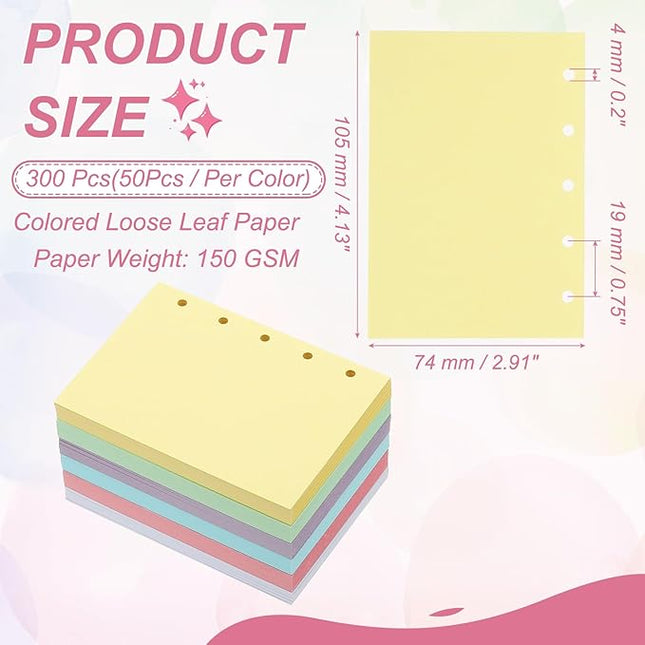 PATIKIL Colored Loose Leaf Paper, 4.1" x 3"(A8) 300 Sheets 5 Holes Punched 150GSM Blank Binder Refill Paper Supplies for Office Note Taking Teacher Planner Journal Notebook, 6 Colors