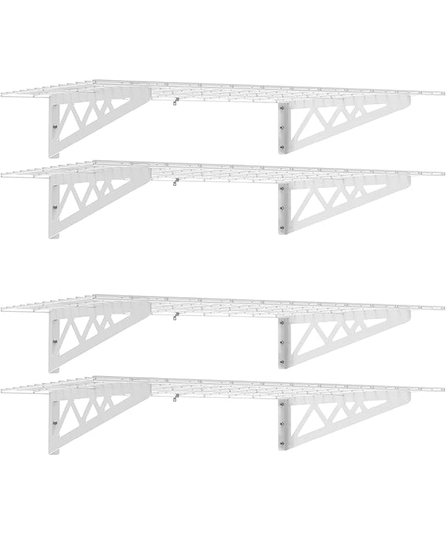 SafeRacks Wall Shelves - 4 Pk 24"x48" Wall Mountable Shelving Unit for Storage Rack, Pantry Shelves, Utility Shelving, Heavy Duty Shelves w/ 8 Versatile Accessory Hooks, 500lbs Capacity, White