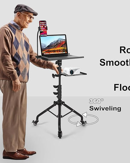 Laptop Tripod on Wheels with 2 Shelves, Portable Projector Floor Stand Adjustable Height 25.9 to 51.8 Inch with Phone Holder