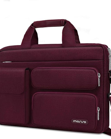 MOSISO Laptop Shoulder Bag 15.6 inch, 15-15.6 inch Computer Bag Compatible with MacBook Pro 16 inch, HP, Dell, Lenovo, Notebook with 2 Raised&1 Flapover&1 Horizontal Pocket&Handle&Belt, Wine Red