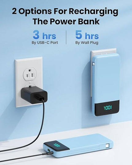 Portable Charger for iPhone with Built in Cables and Wall Plug,Upgraded 13800mAh Fast Charging USB C Power Bank,4 Outputs Travel Essential Battery Pack Compatible with iPhone 17/16/15/14,-Light Blue