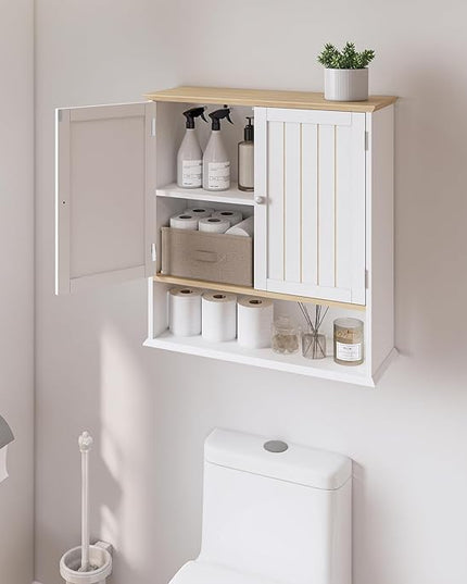 Over The Toilet Bathroom Wall Cabinet with 2 Doors & Open Shelf – Space Saving Medicine Cabinet, Wooden Wall Mounted Storage Cupboard for Bathroom Organization White